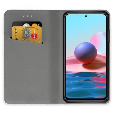 Juodas atverčiamas dėklas Xiaomi Redmi Note 10 4G su kortelių laikikliu atidarytas