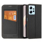 Juodas atverčiamas dėklas Xiaomi Redmi Note 12 su kortelių laikikliais ir natūralaus rašto paviršiumi