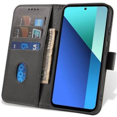 Juodas atverčiamas dėklas Xiaomi Redmi Note 13 5G su kortelių lizdais ir pinigų vieta