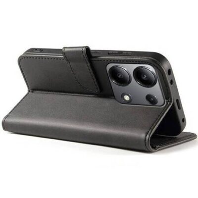 Juodas atverčiamas dėklas Xiaomi Redmi Note 13 Pro 4G ir Poco M6 Pro 4G su laikikliu ir kamera atvira