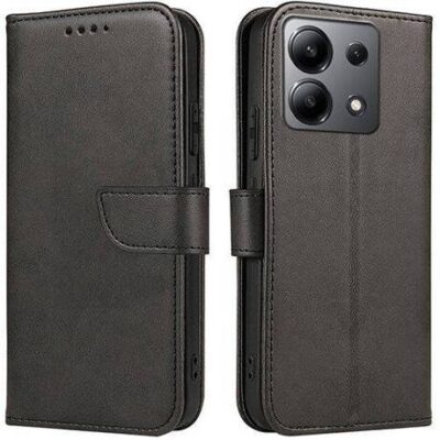 Juodas atverčiamas dėklas Xiaomi Redmi Note 13 Pro 4G Poco M6 Pro 4G Wallet su magnetiniu užsegimu