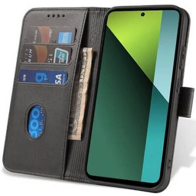 Juodas atverčiamas dėklas Xiaomi Redmi Note 13 Pro 5G Poco X6 5G su kortelių ir pinigų skyreliais