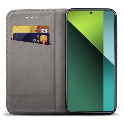 Juodas atverčiamas dėklas Xiaomi Redmi Note 13 Pro 5G su kortelių laikikliais viduje