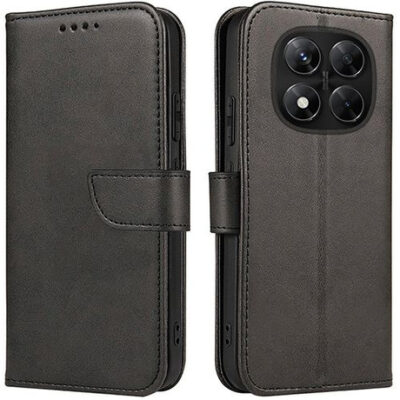 Juodas atverčiamas dėklas Xiaomi Redmi Note 14 Pro 5G Wallet su matiniu paviršiumi ir magnetine užsegimo juostele