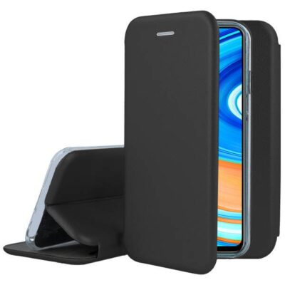 Juodas atverčiamas dėklas Xiaomi Redmi Note 9 su atverčiama viršutine dalimi ir apsauga