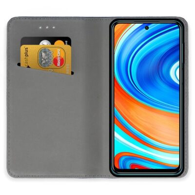 Juodas atverčiamas dėklas Xiaomi Redmi Note 9 su kortelių laikikliais ir telefonu
