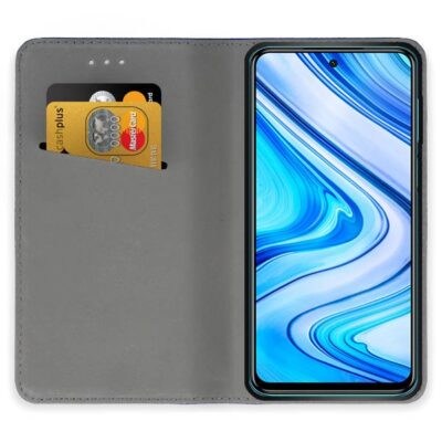 Juodas atverčiamas dėklas Xiaomi Redmi Note 9S su kortelių skyriumi viduje