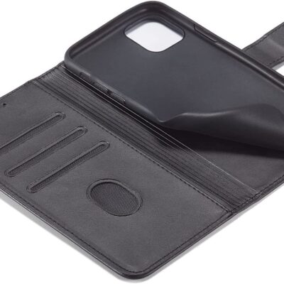 Juodas atverciams deklas Apple Iphone 11 wallet su korteliu skyreliais ir magnetiniu uzsegimu