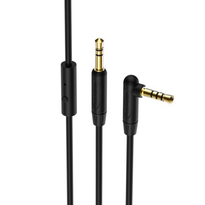 Juodas audio adapteris 3,5mm į 3,5mm Borofone BL5 AUX su mikrofonu su aukso spalvos kištukais ir valdymo mygtuku