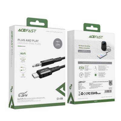 Juodas Audio adapteris Acefast C1-08 USB-C to 3.5mm (M) 1.2m su metaliniu korpusu ir 1,2 m ilgio kabeliu