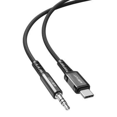 Juodas Audio adapteris Acefast C1-08 USB-C to 3.5mm (M) 1.2m su tvirtu medžiaginiam apvalkalu