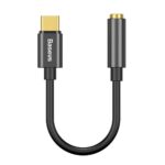 Juodas audio adapteris Baseus L54 iš Type-C į 3.5mm su auksiniu jungtis ir juodu kabeliu