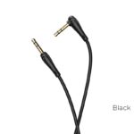 Juodas audio adapteris Hoco UPA14 AUX 3,5mm į 3,5mm su auksiniais jungtimis ir lenktu galu