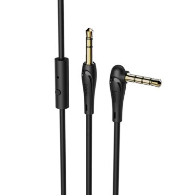 Juodas audio adapteris Hoco UPA15 AUX 3,5mm į 3,5mm su mikrofonu su auksiniais jungtimis ir mygtuku ant laido