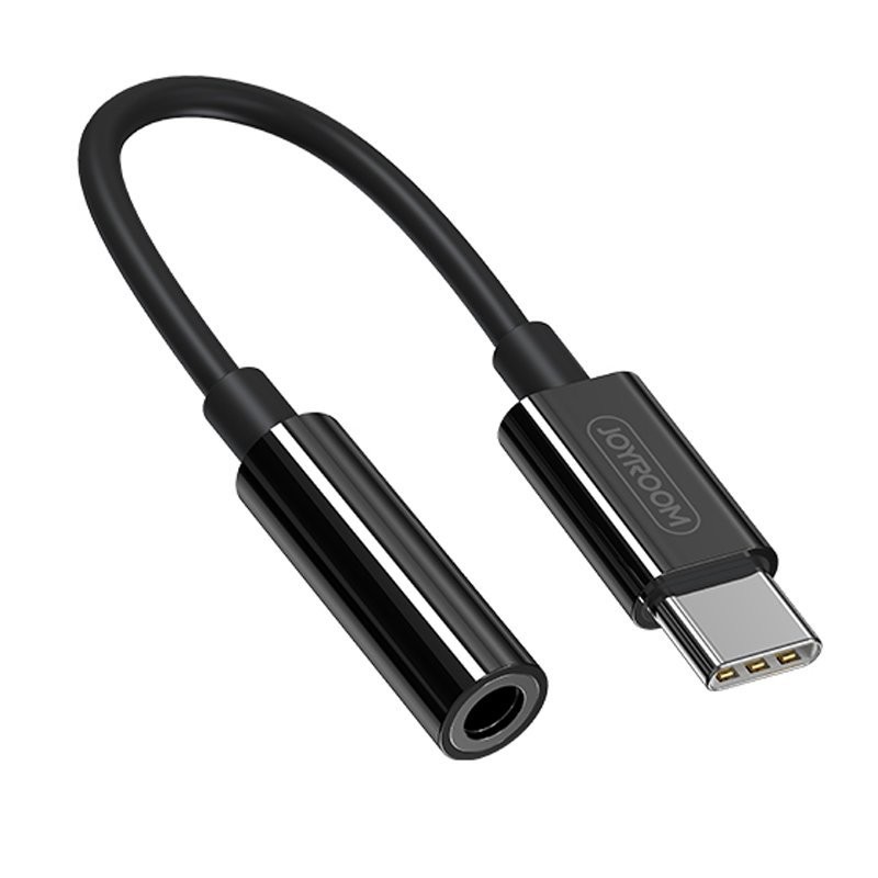 Juodas Audio adapteris Joyroom SH-C1 Type-C to 3.5mm Juodas audio adapteris Joyroom SH-C1 Type-C to 3.5mm su blizgančia paviršiaus apdaila