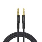 Juodas audio adapteris Joyroom SY-15A1 AUX 3.5mm to 3.5mm 1.5m su auksinėmis jungtimis ir pintu laidu