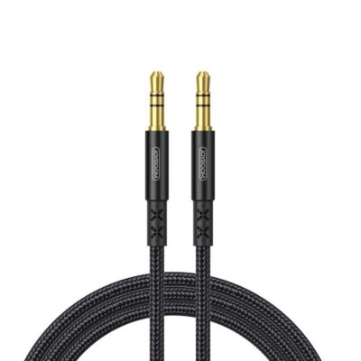 Juodas audio adapteris Joyroom SY-15A1 AUX 3.5mm to 3.5mm 1.5m su auksinėmis jungtimis ir pintu laidu