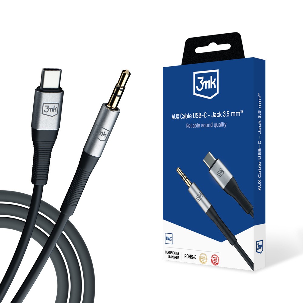 Juodas audio kabelis 3mk USB-C to 3,5mm 1.0m Juodas audio kabelis 3mk USB-C to 3,5mm ilgio 1 metro su sidabriniais jungtimis