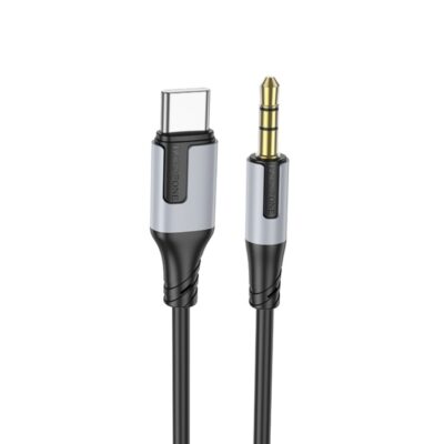 Juodas audio kabelis Borofone BL19 USB-C to 3,5mm su sidabriniais ir juodais jungtimis