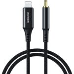 Juodas audio kabelis Choetech AUX009 Lightning to 3,5mm su auksiniu 3,5 mm jungtimi ir raiščiu apvalkalu