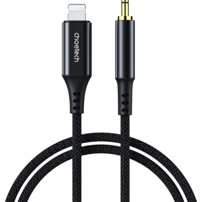 Juodas audio kabelis Choetech AUX009 Lightning to 3,5mm su auksiniu 3,5 mm jungtimi ir raiščiu apvalkalu