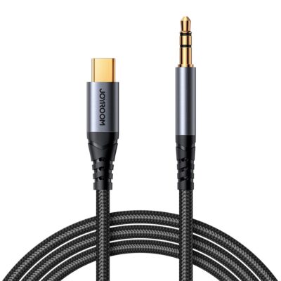Juodas audio kabelis Joyroom SY-A07 su USB-C ir 3,5mm jungtimis, 1,2m ilgio