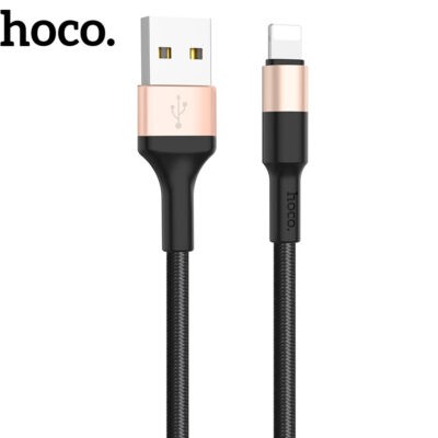 Juodas-auksinis USB kabelis Hoco X26 Lightning su juodu pynimu ir auksiniu metalo korpusu