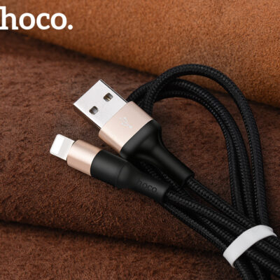Juodas-auksinis USB kabelis Hoco X26 Lightning 1.0m juodu pintu laidu ir aukso spalvos jungtimis