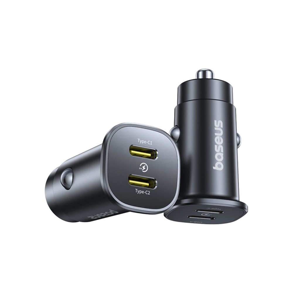 Juodas automobilinis įkroviklis Baseus GoTrip 2xUSB-C 30W Juodas automobilinis įkroviklis Baseus GoTrip 2xUSB-C 30W su dviem USB-C lizdais