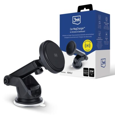 Juodas automobilinis laikiklis-įkroviklis 3mk Car MagCharger 15W su siurbtuku ir magnetu