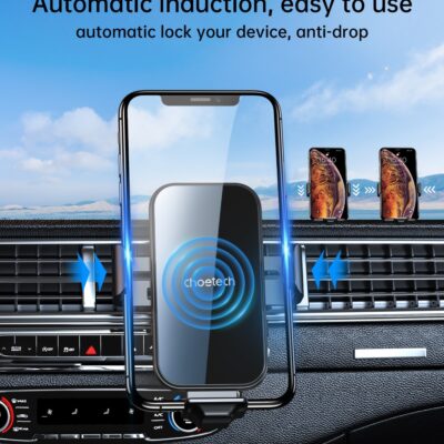 Juodas automobilinis laikiklis-ikroviklis Choetech 15W su magnetiniu galvute ant automobilio oro reguliatoriaus