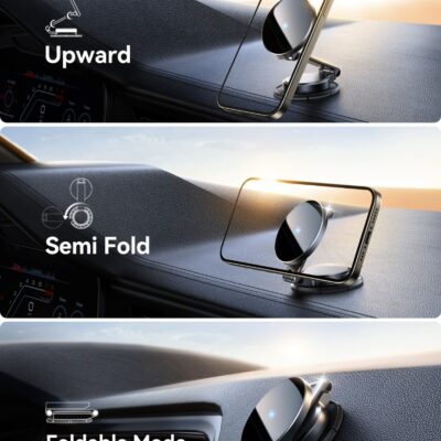 Juodas automobilinis laikiklis-įkroviklis Joyroom JR-ZS408 ant automobilio panelės įvairiais kampais