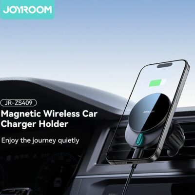 Juodas automobilinis laikiklis-ikroviklis Joyroom JR-ZS409 MagSafe 15W telefone montuojamas prie automobilio ventiliacijos groteliu