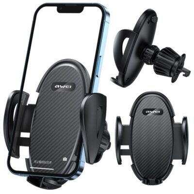 Juodas automobilinis telefono laikiklis Awei X38, tvirtinamas prie oro angos
