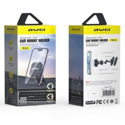 Juodas automobilinis telefono laikiklis Awei X53 Magnetic pakuotėje su geltonu viršumi ir juodu rankenėliu