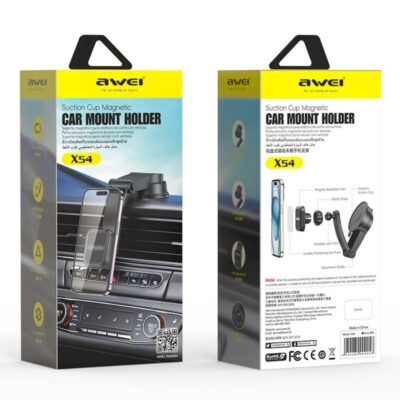Juodas automobilinis telefono laikiklis Awei X54 Magnetic su stipria traukos puodelio tvirtinimo sistema