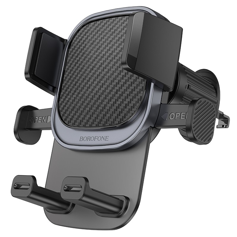 Juodas automobilinis telefono laikiklis Borofone BH120 (air vent) Juodas automobilinis telefono laikiklis Borofone BH120 su anglies pluošto rašto paviršiumi.