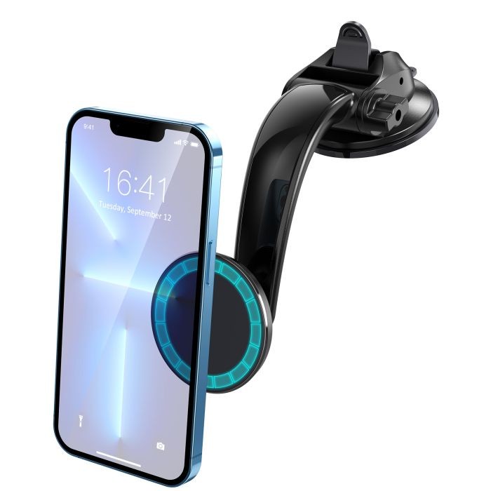 Juodas automobilinis telefono laikiklis Choetech AT0005 Juodas automobilinis telefono laikiklis Choetech AT0005 su siurbimo pagrindu ir pritvirtintu mėlynu telefonu