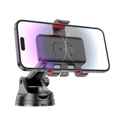 Juodas automobilinis telefono laikiklis Hoco H22 su pritvirtintu telefonu horizontaliai
