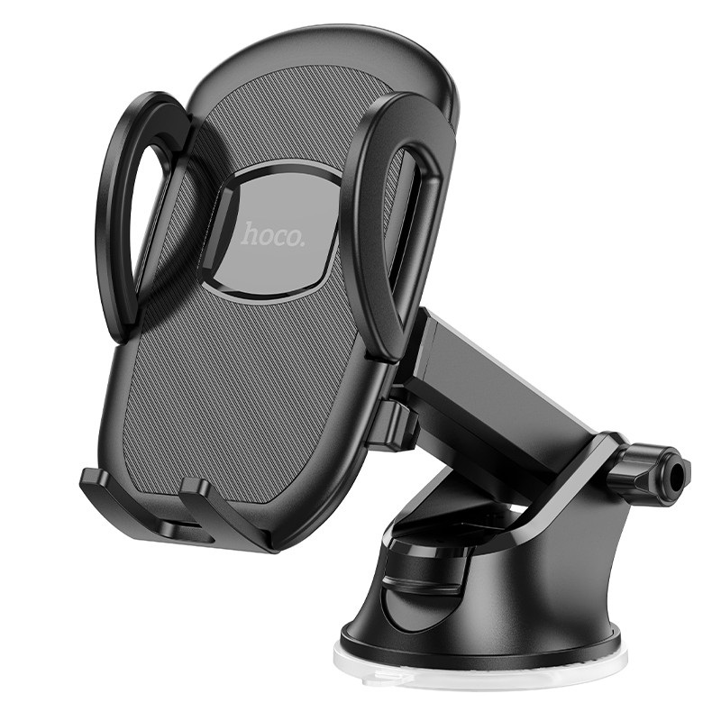 Juodas automobilinis telefono laikiklis Hoco H9 (dashboard) Juodas automobilinis telefono laikiklis Hoco H9 su laikikliu ir siurbtuku ant baltos fono