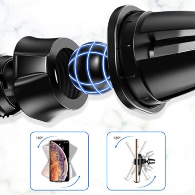 Juodas automobilinis telefono laikiklis Joyroom JR-ZS198 su rutuliniu sujungimu prispaudžiamas prie automobilio oro angos
