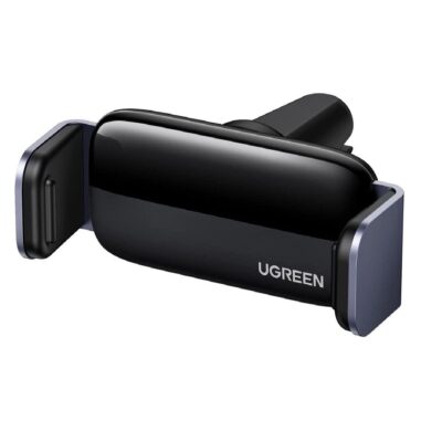 Juodas automobilinis telefono laikiklis Ugreen LP120 su metaliniu šoniniu apvadu ir blizgiu paviršiumi