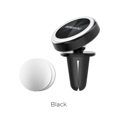 Juodas automobilinis Universalus telefono laikiklis Borofone BH6 su magnetiniu laikikliu ir ventiliatoriaus tvirtinimu