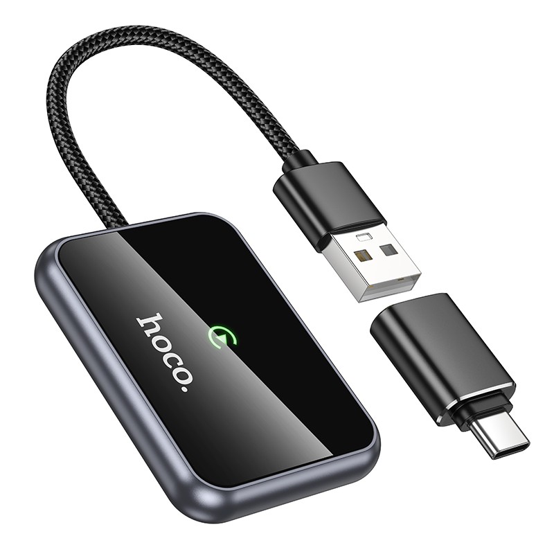 Juodas belaidis CarPlay adapteris Hoco HU1 Juodas belaidis CarPlay adapteris Hoco HU1 su USB ir USB-C jungtimis