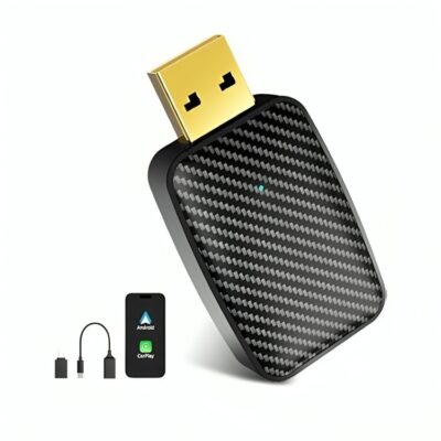 Juodas belaidis CarPlay Android Auto adapteris Reach U4 su anglies pluošto tekstūra ir auksine jungtimi