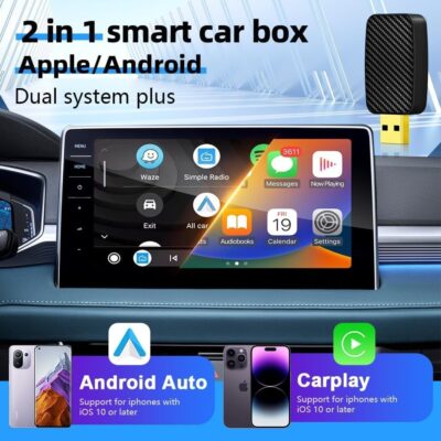 Juodas belaidis CarPlay Android Auto adapteris Reach U4 su anglies pluošto raštu ir USB jungtimi