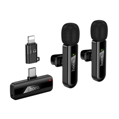 Juodas belaidžių mikrofonų rinkinys Hoco L20A USB-C ir Lightning jungtimis