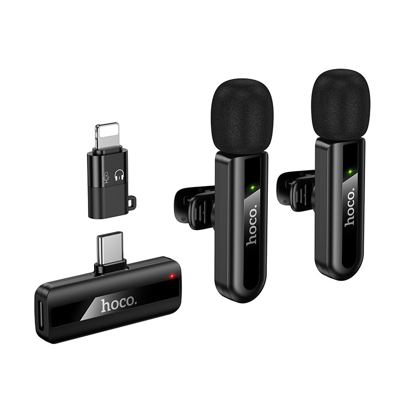 Juodas belaidžių mikrofonų rinkinys Hoco L20A USB-C Lightning Juodas belaidžių mikrofonų rinkinys Hoco L20A USB-C ir Lightning jungtimis
