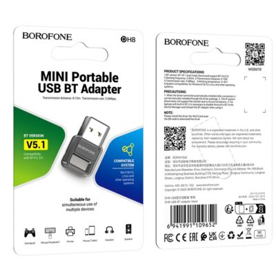 Juodas bluetooth adapteris Borofone DH8 Bluetooth 5.1 kompaktiško dizaino, USB jungtimi