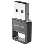Juodas bluetooth adapteris Borofone DH8 su metaliniu USB jungtimi ir juodu plastiko korpusu